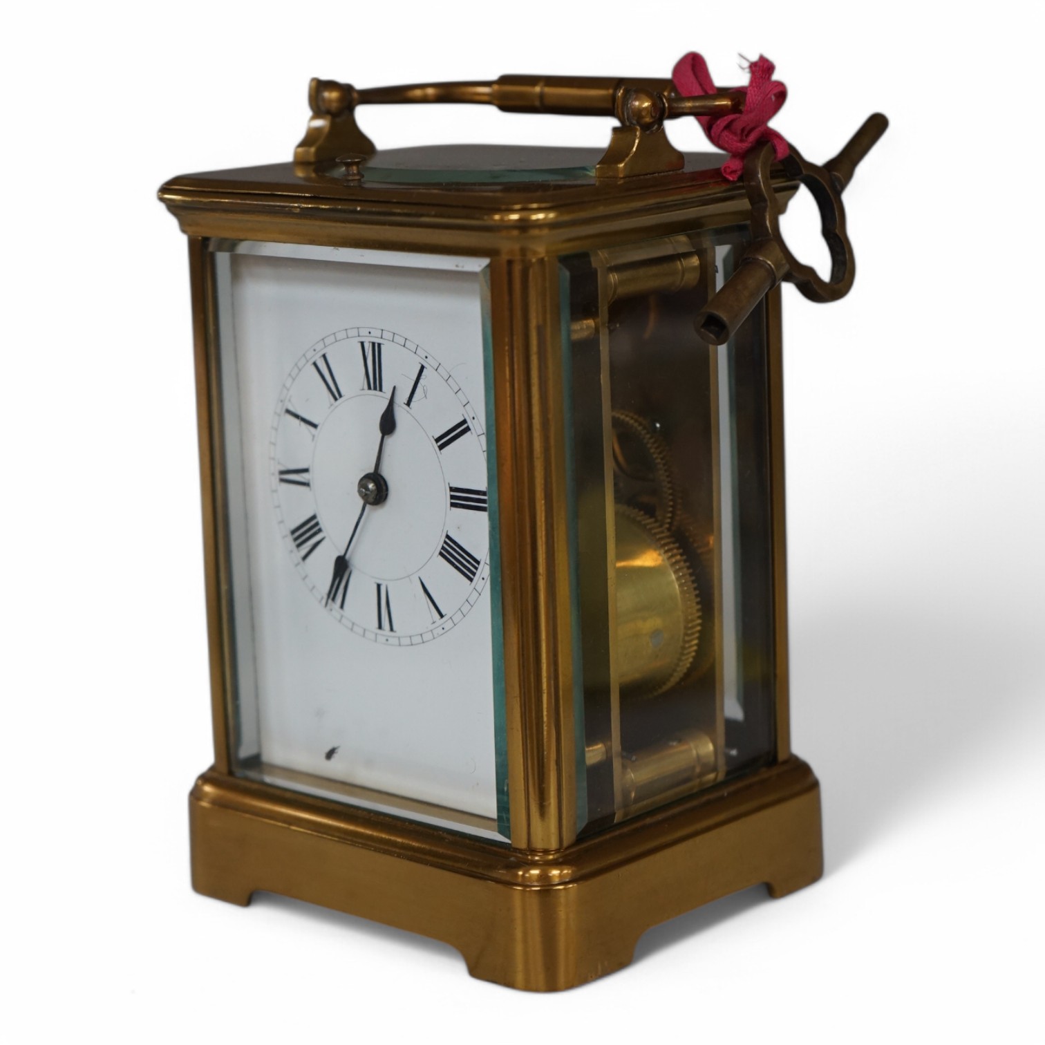 An early 20th century lacquered brass repeating carriage clock, 15cm, with key. Condition - externally good, not tested